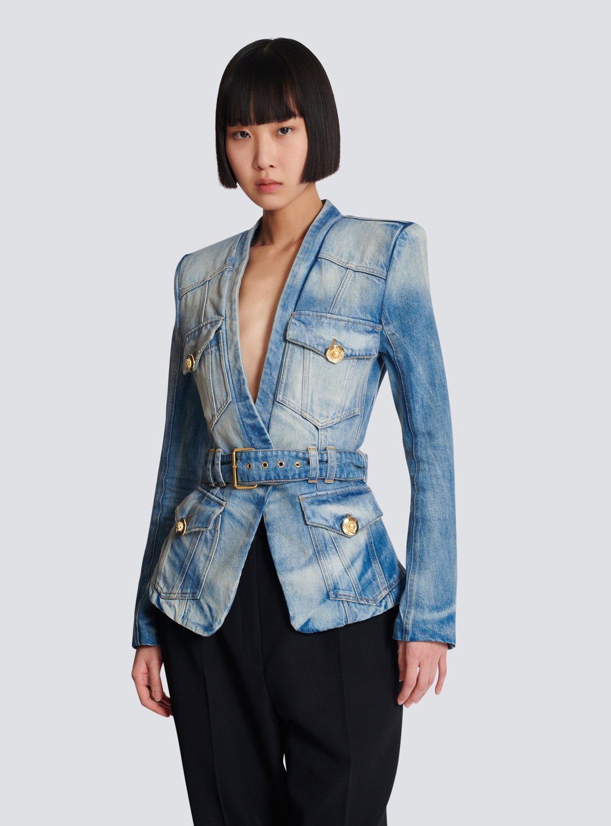 Veste 1 bouton ceinturée en denim - Bleu Jean Clair