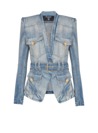 Veste 1 bouton ceinturée en denim - Bleu Jean Clair