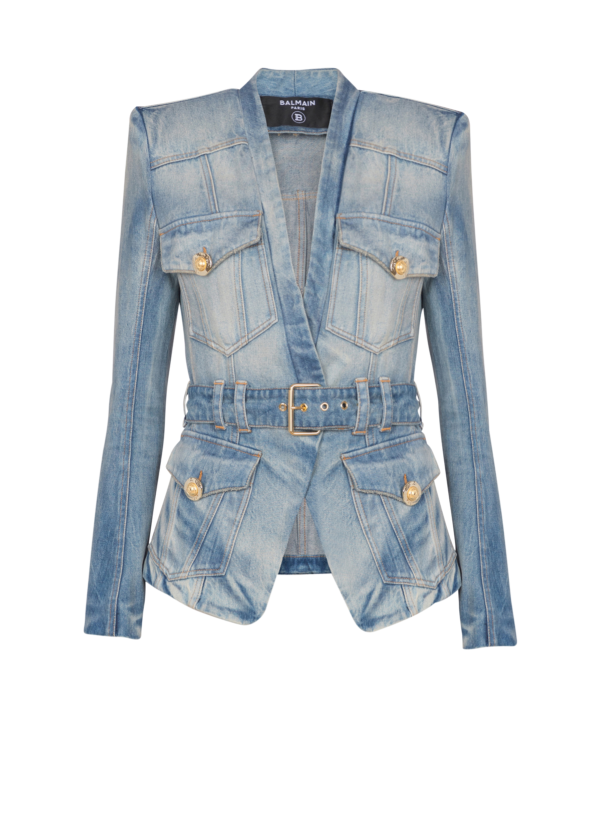 Veste 1 bouton ceinturée en denim - Bleu Jean Clair
