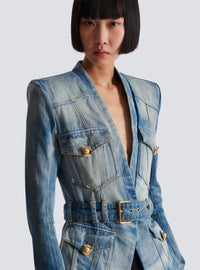Veste 1 bouton ceinturée en denim - Bleu Jean Clair