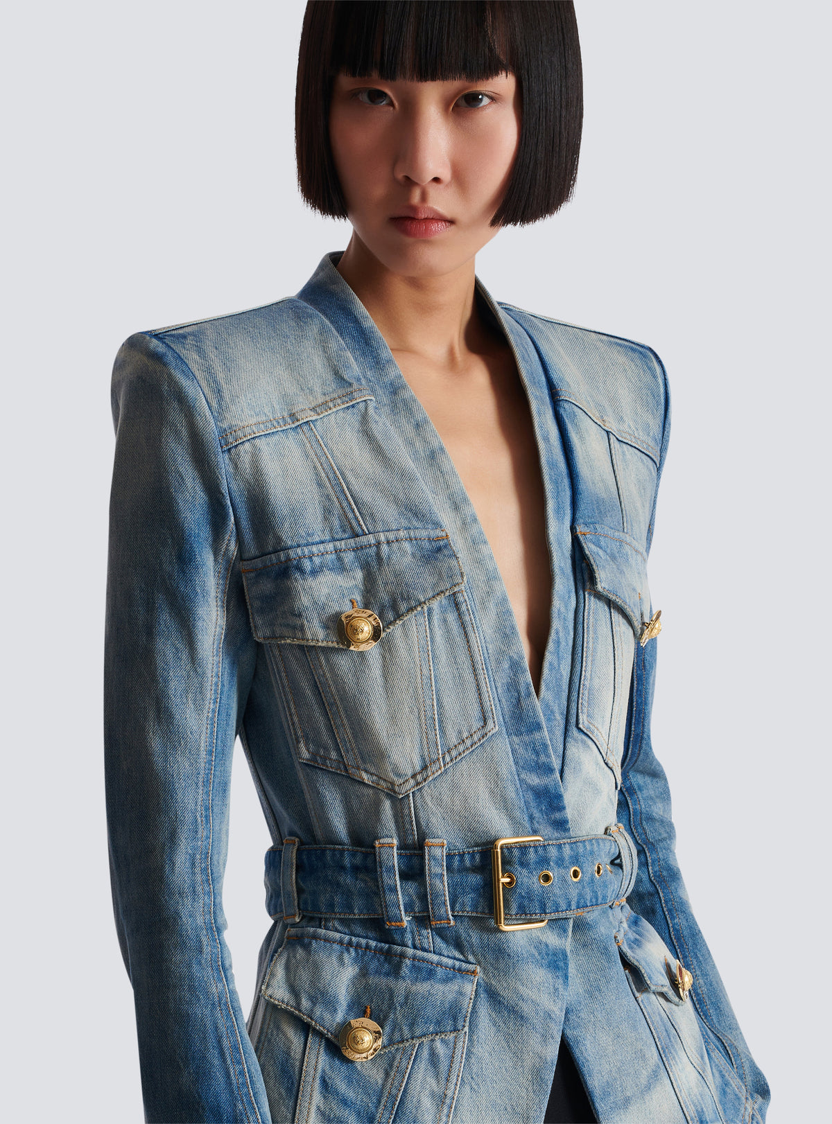 Veste 1 bouton ceinturée en denim - Bleu Jean Clair