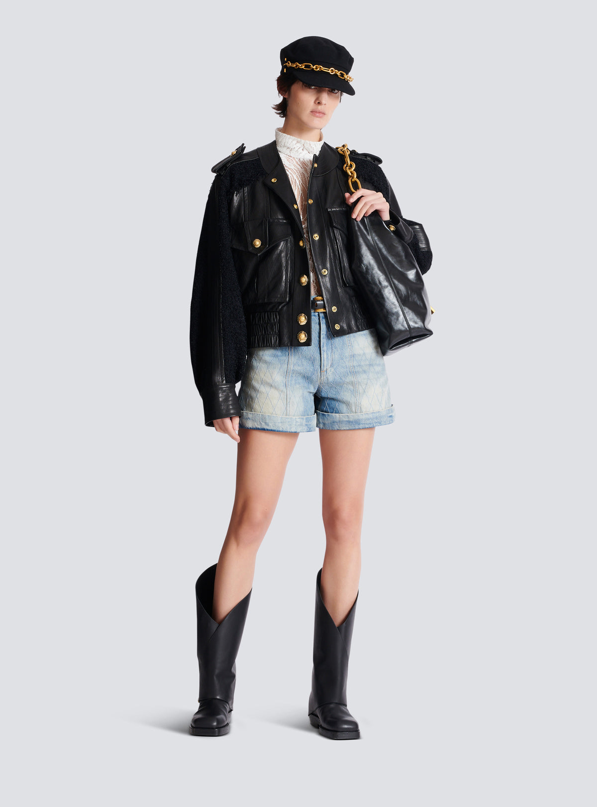 Bomber en cuir et tweed - Noir & Noir