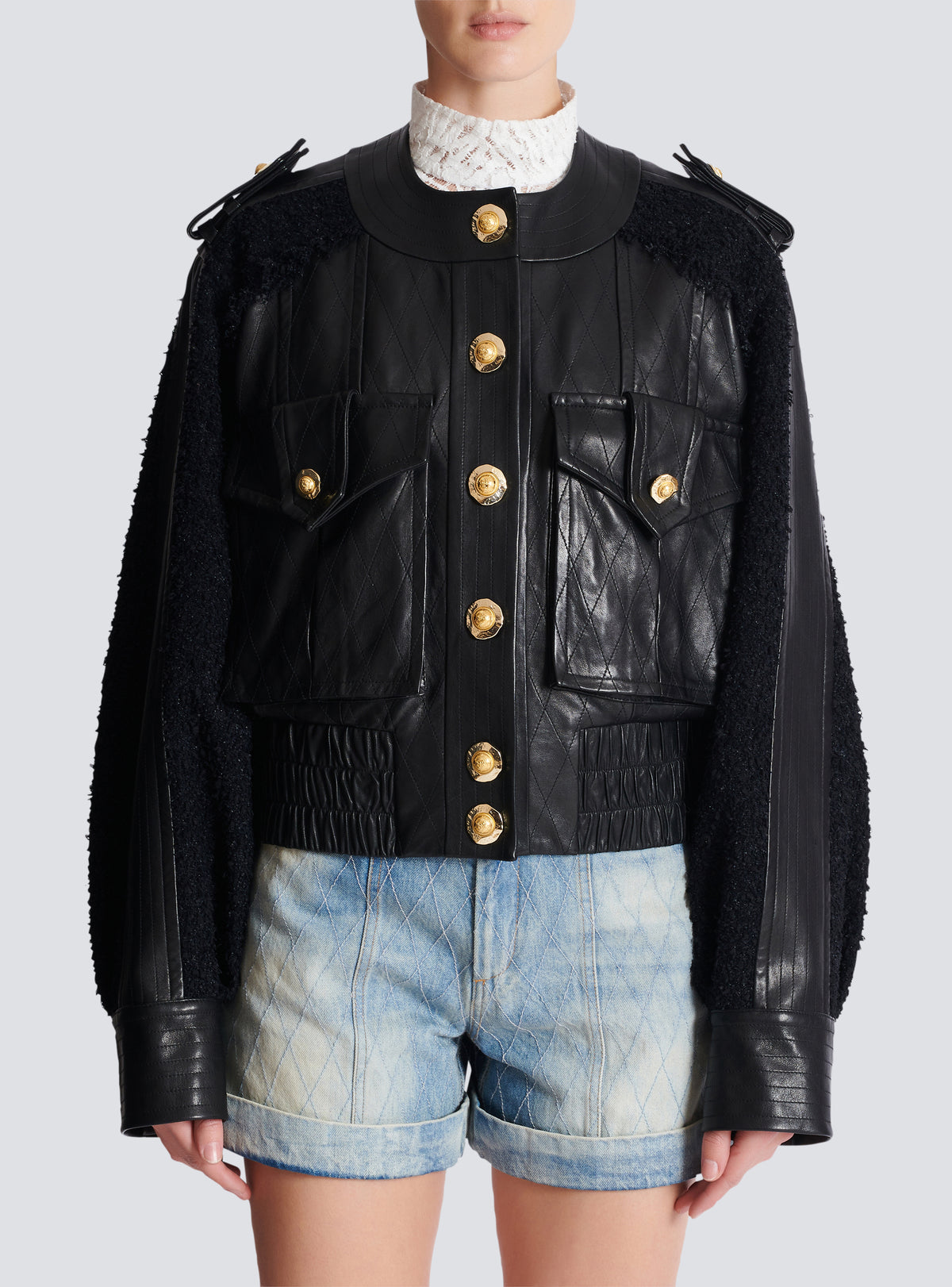 Bomber en cuir et tweed - Noir & Noir