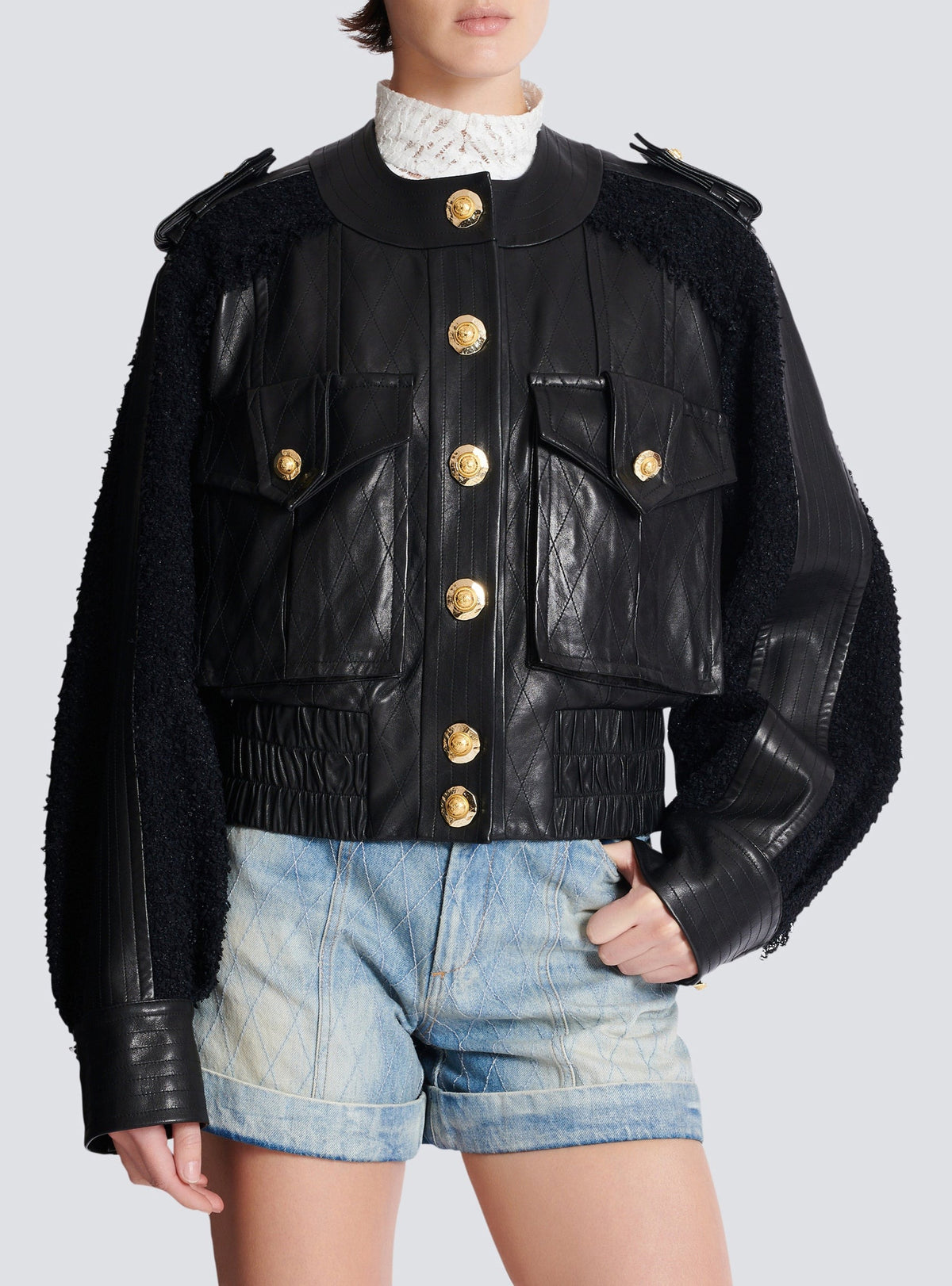 Leather and tweed bomber jacket - Black & Black