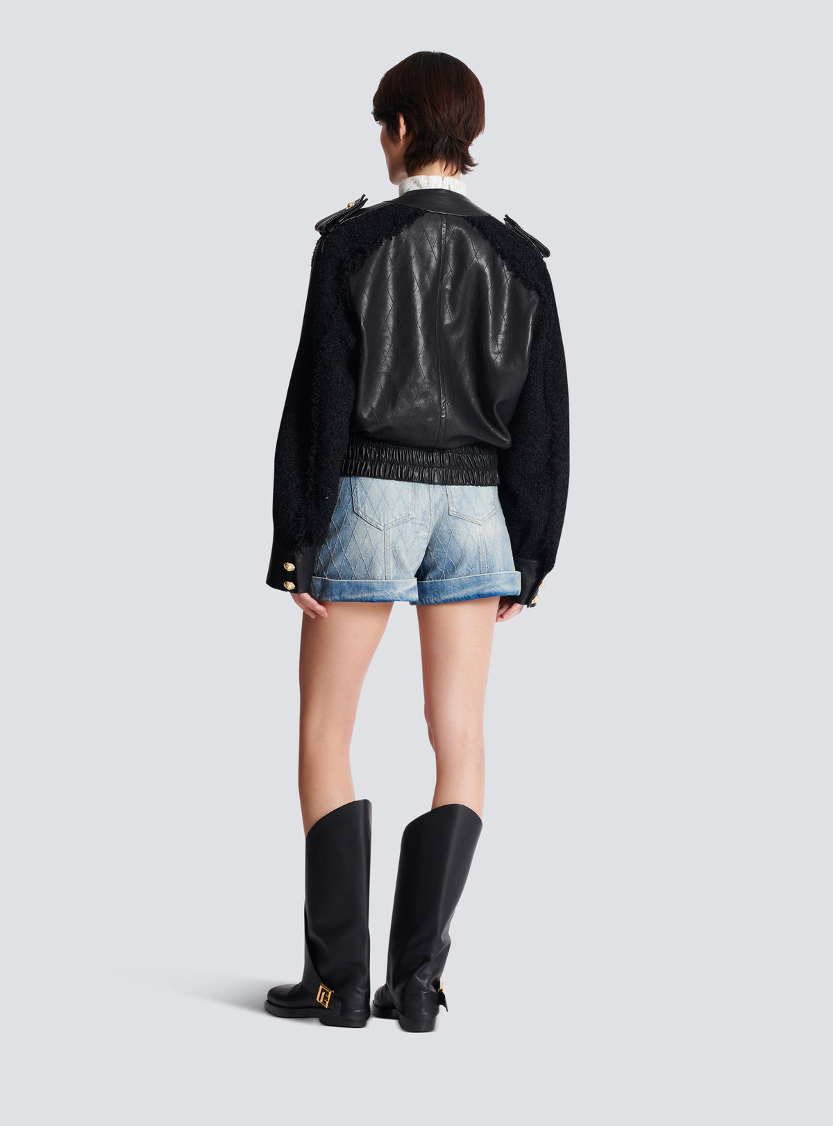 Bomber en cuir et tweed - Noir & Noir