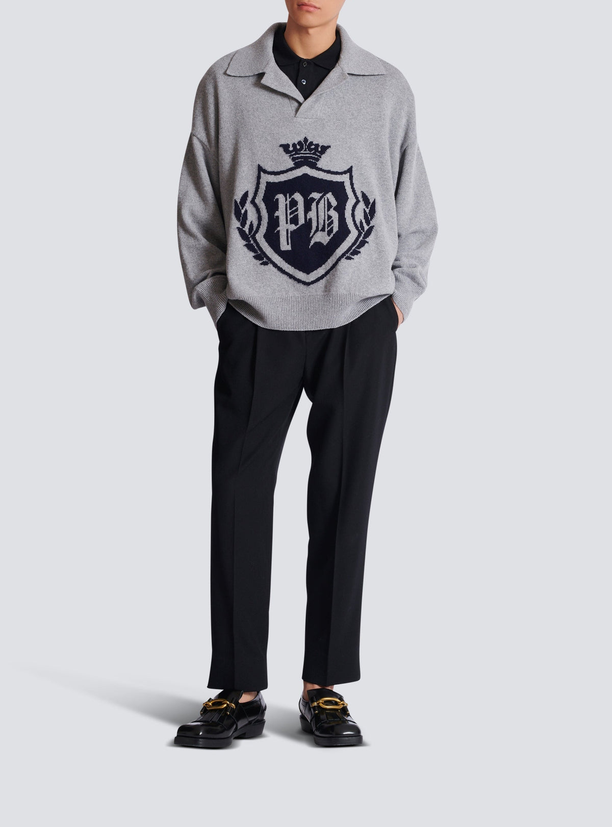 Pull polo en cachemire - Gris Chiné & Marine