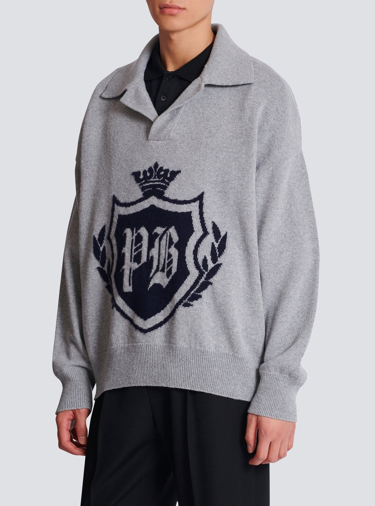 Pull polo en cachemire - Gris Chiné & Marine
