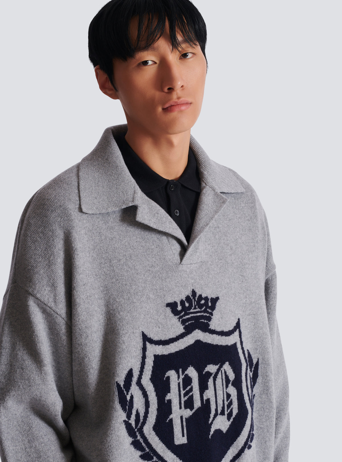 Pull-polo college emblem en cachemire écologique - Gris Chiné & Marine