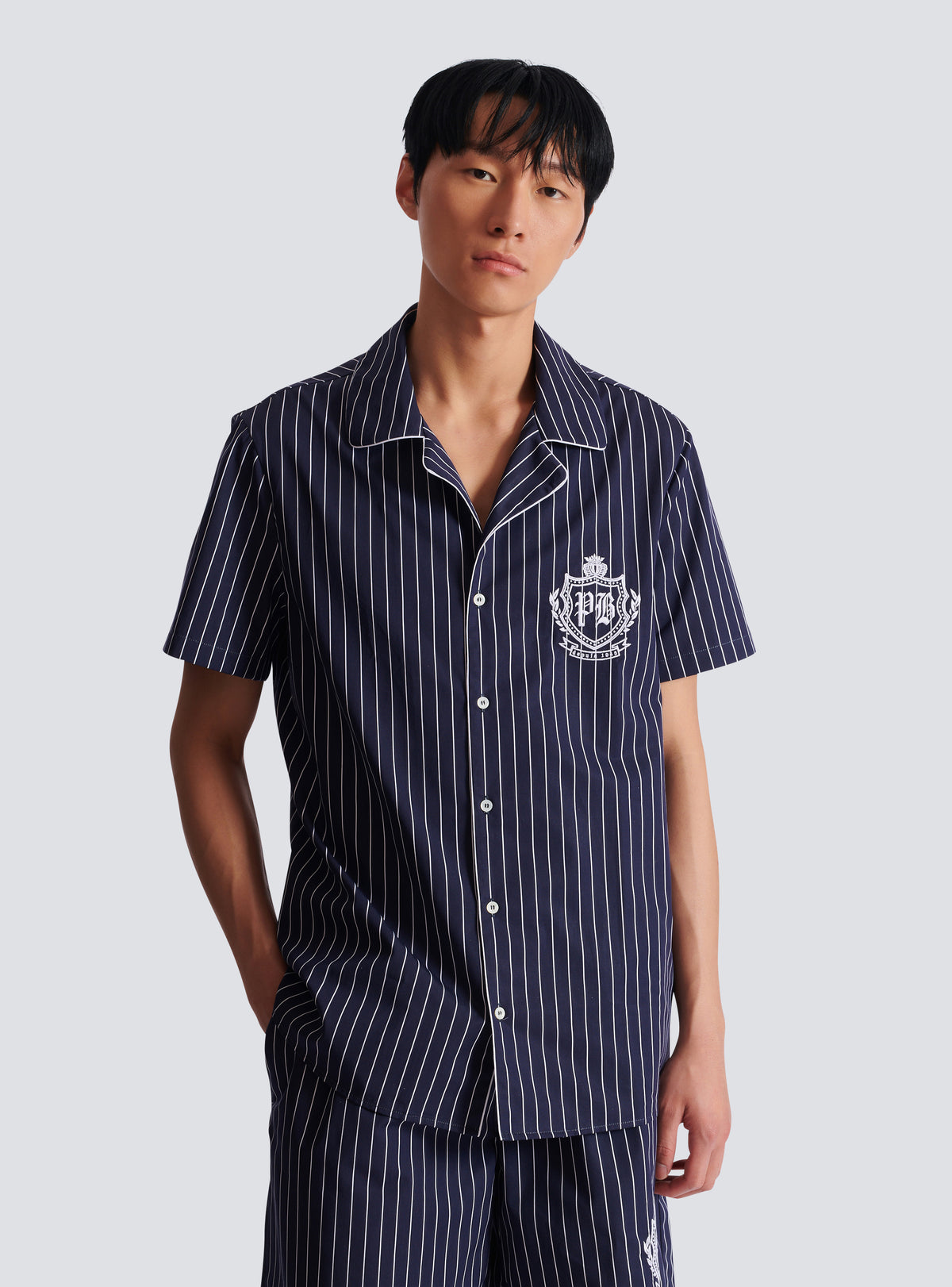 Chemise pyjama en popeline à rayures - Bleu Marine & Blanc