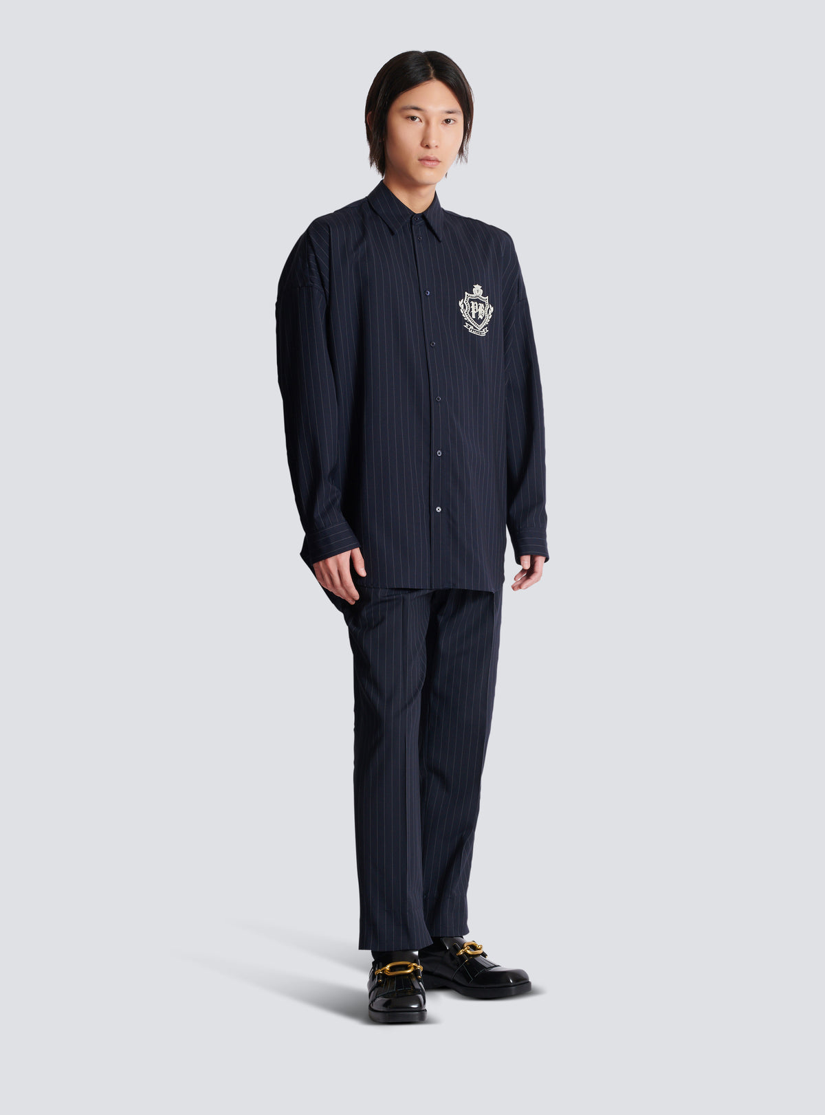 Chemise en laine à rayures college emblem - Bleu Marine & Blanc