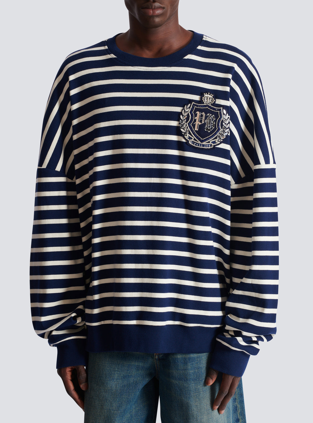 Sweat-shirt marinière en coton college emblem - Bleu & Beige & Cristal