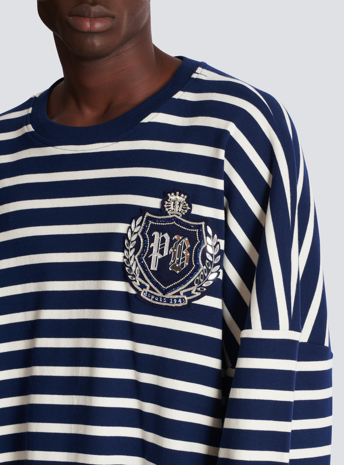 Sweat-shirt marinière en coton college emblem - Bleu & Beige & Cristal