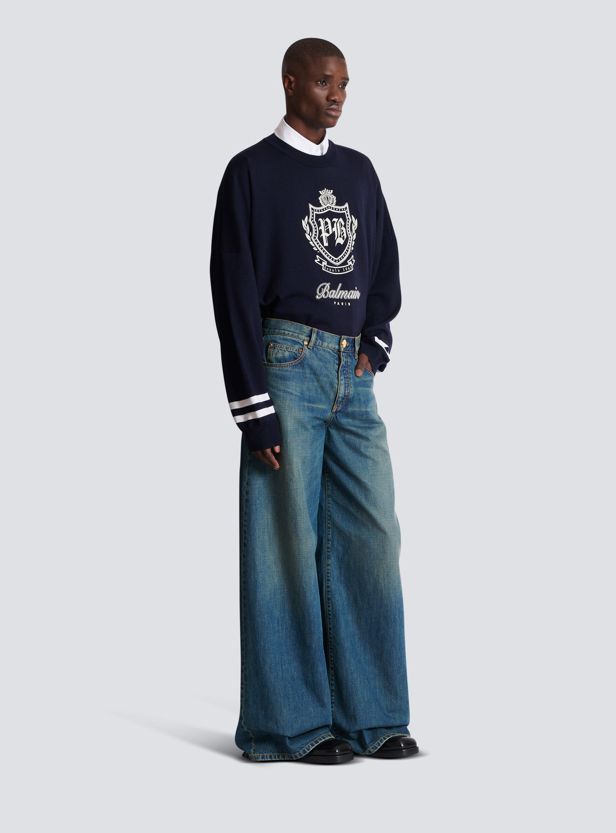 Jean large en denim délavé - Bleu Jean Fonce