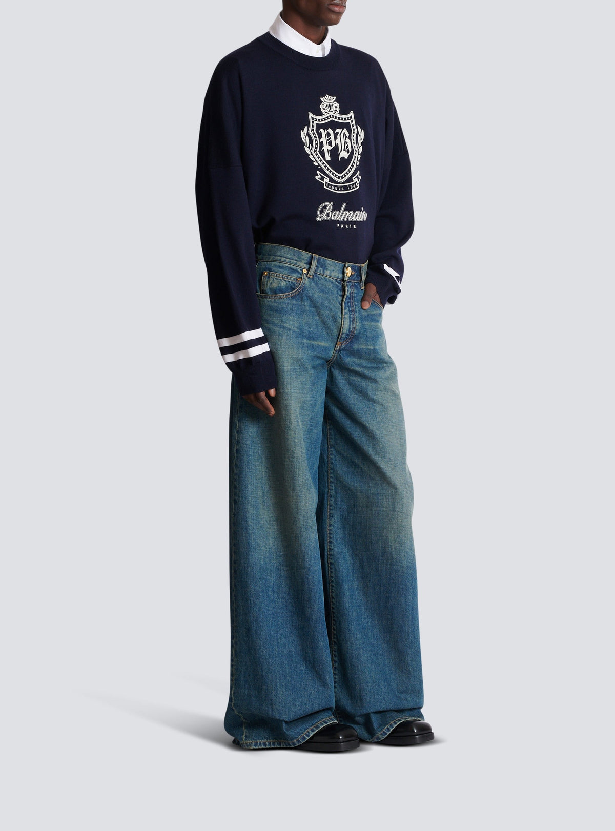Pantalon large en denim délavé - Bleu Jean Fonce