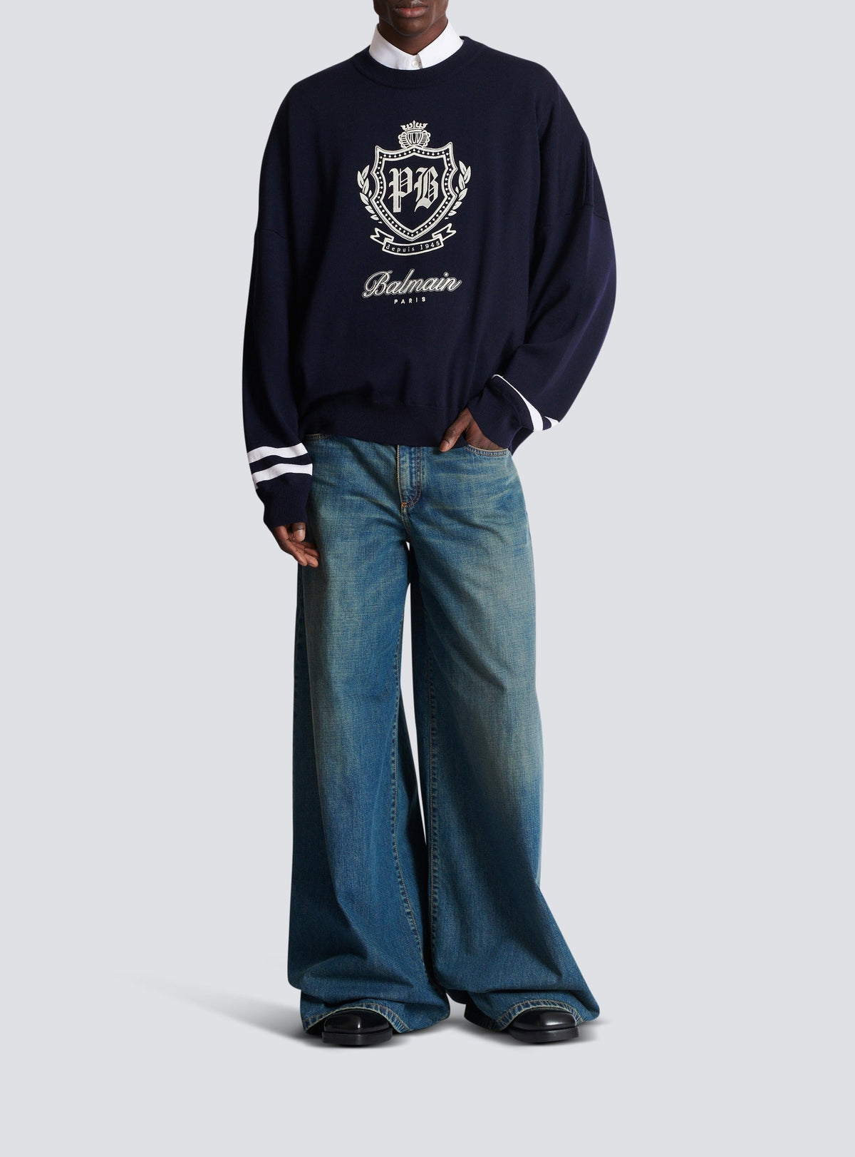 Pantalon large en denim délavé - Bleu Jean Fonce