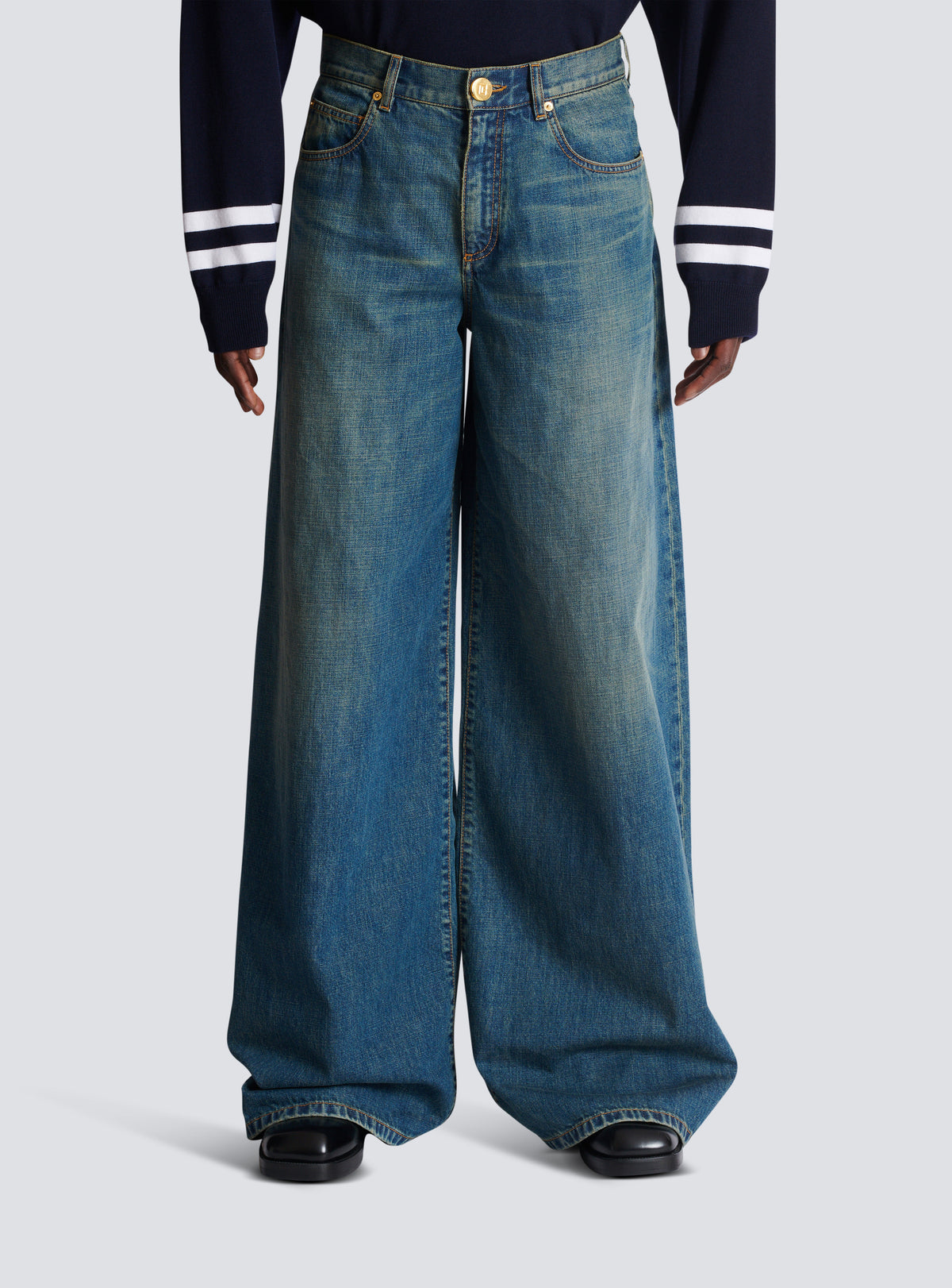 Jean large en denim délavé - Bleu Jean Fonce