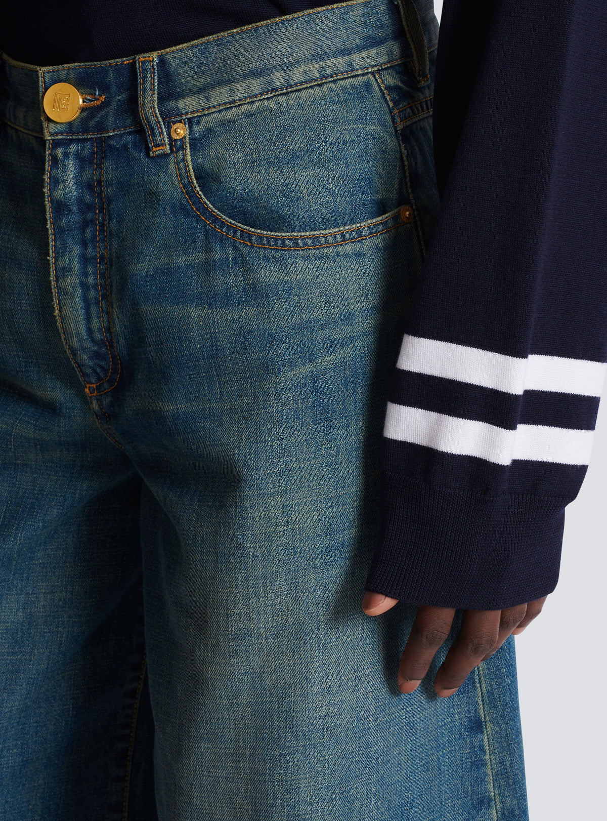 Jean large en denim délavé - Bleu Jean Fonce
