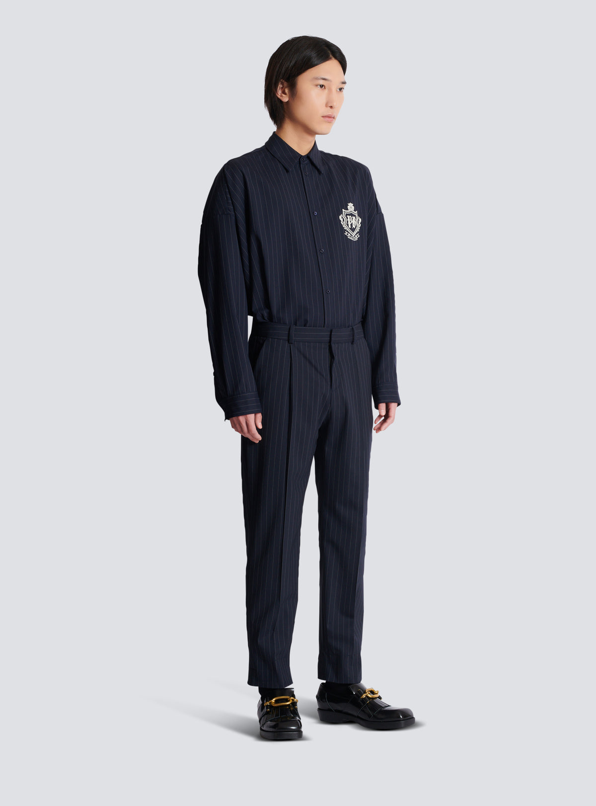 Pantalon droit en laine à rayures - Bleu Marine & Blanc
