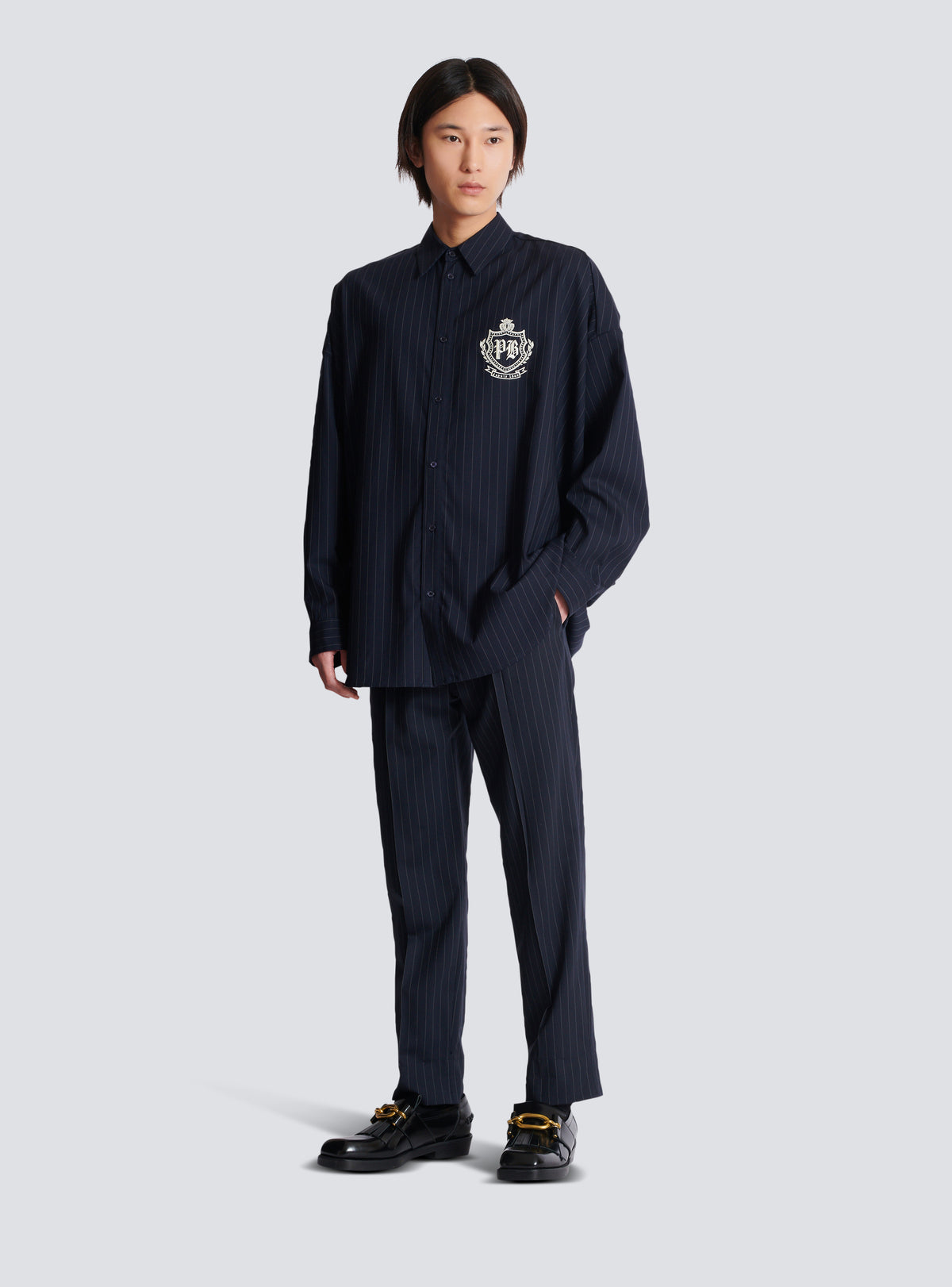 Pantalon droit en laine à rayures - Bleu Marine & Blanc