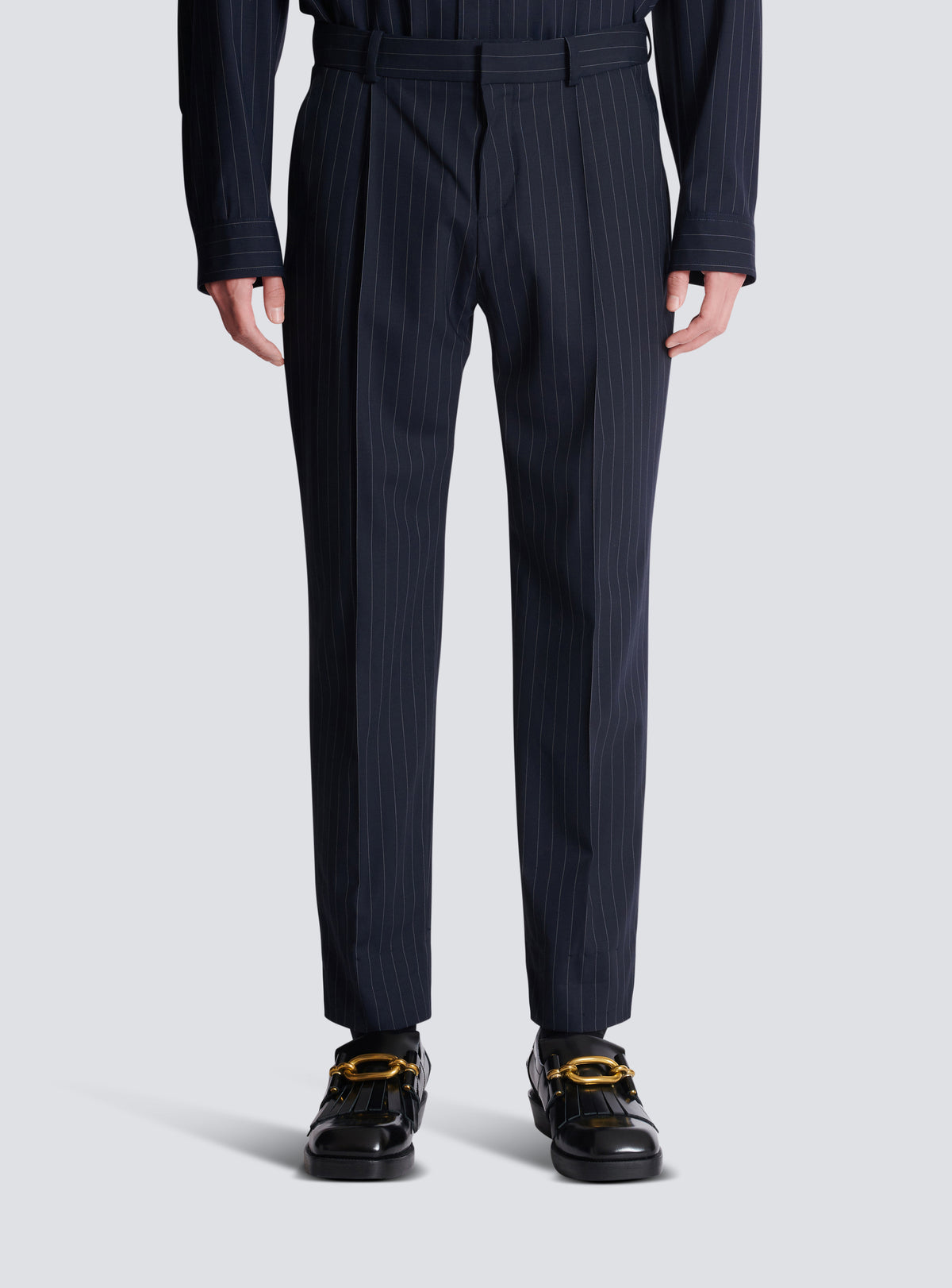 Pantalon droit en laine à rayures - Bleu Marine & Blanc