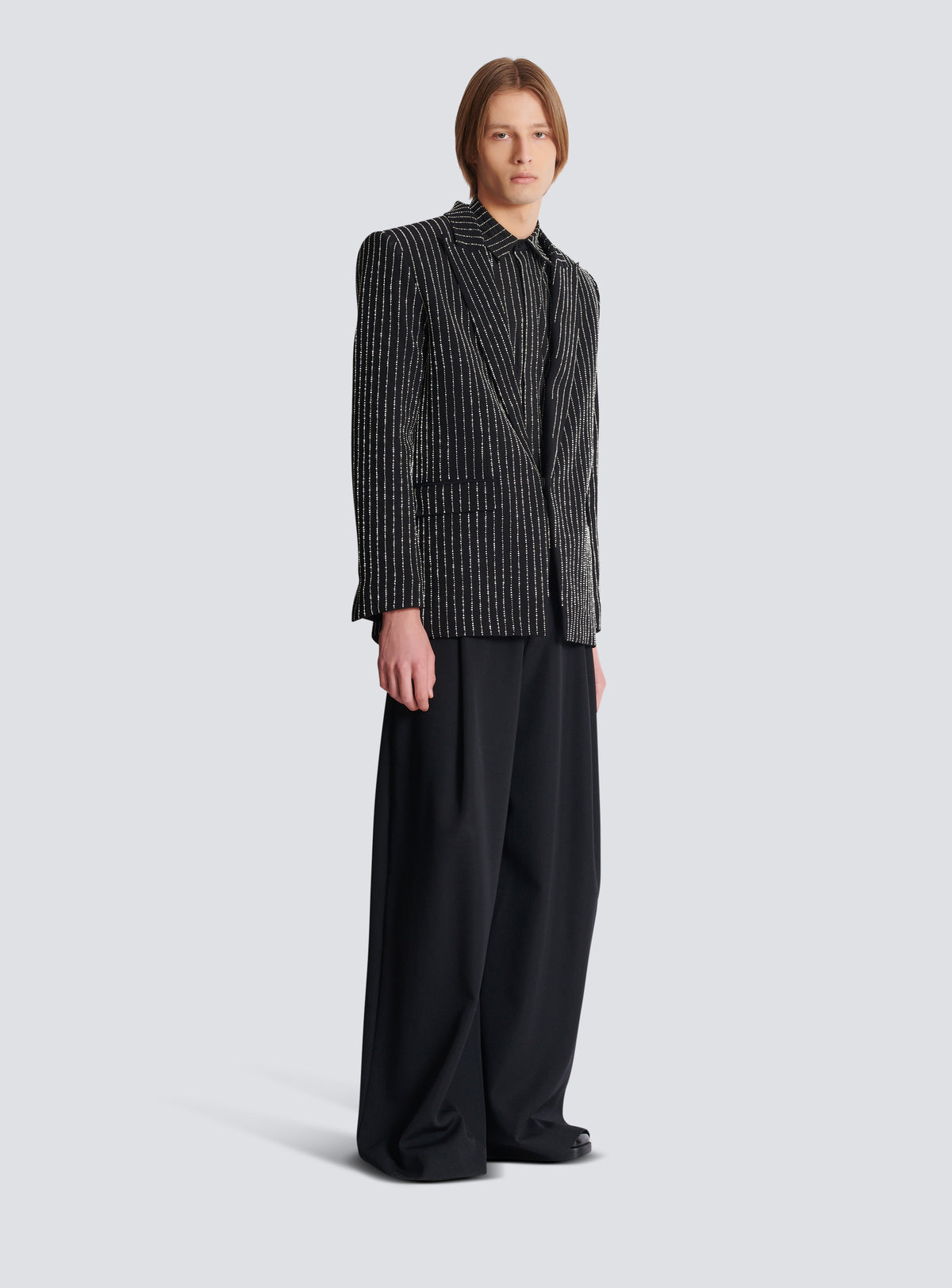Veste 1 bouton en laine à rayures avec crystal - Noir & Cristal