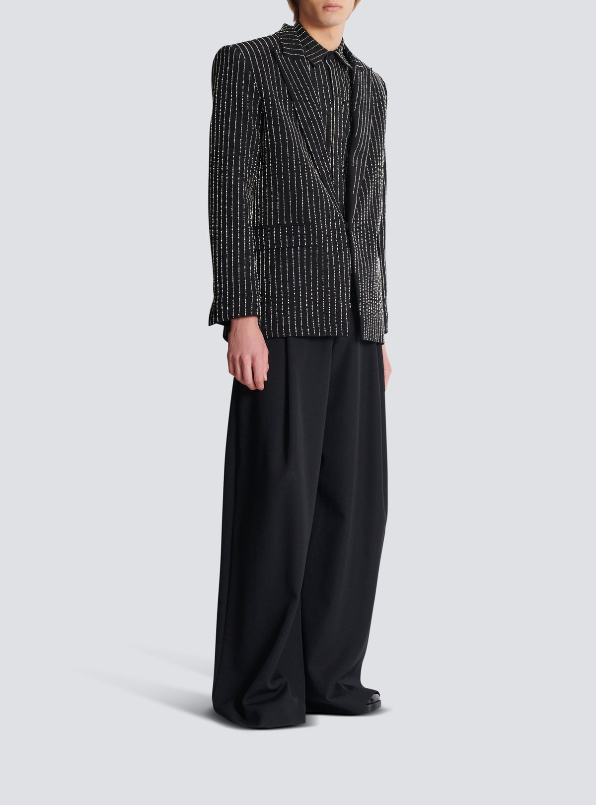 Veste 1 bouton en laine à rayures avec crystal - Noir & Cristal