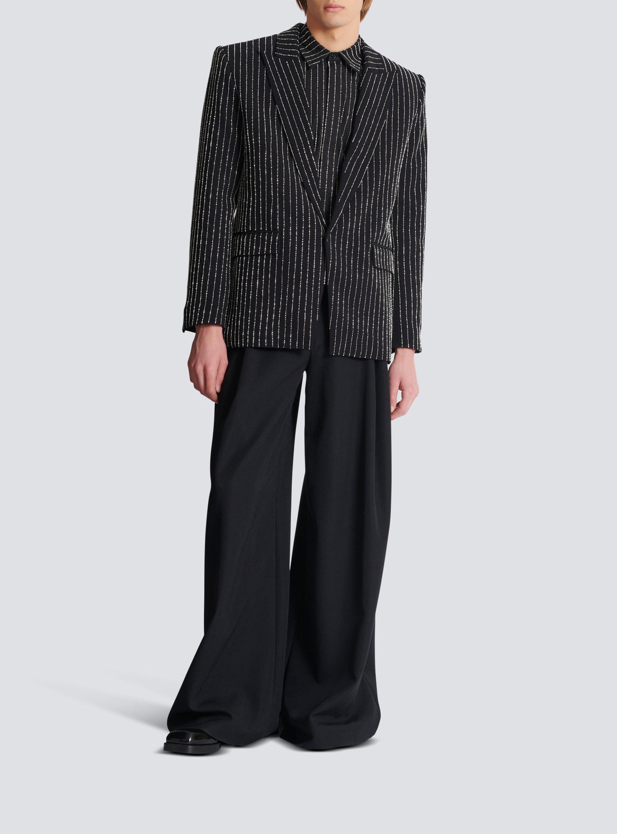 Veste 1 bouton en laine à rayures avec crystal - Noir & Cristal