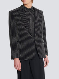 Veste 1 bouton en laine à rayures avec crystal - Noir & Cristal