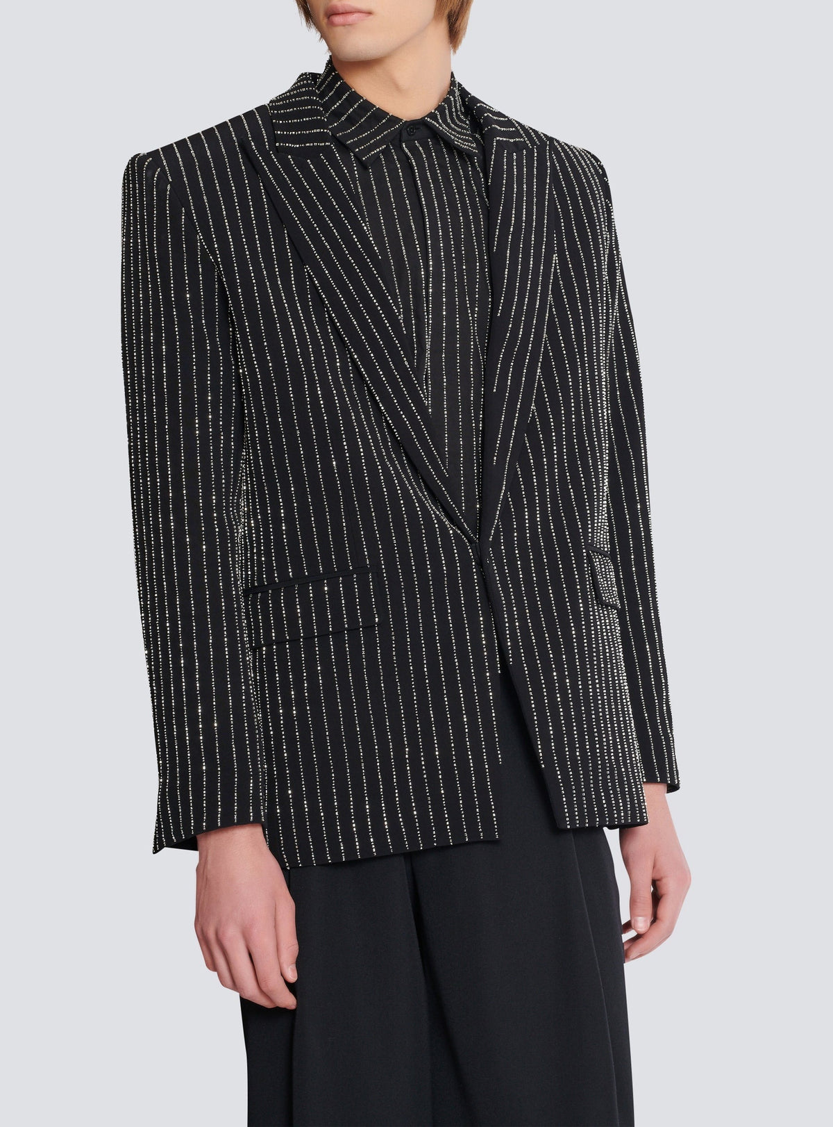Veste 1 bouton en laine à rayures avec crystal - Noir & Cristal