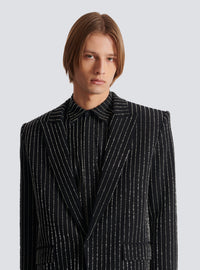 Veste 1 bouton en laine à rayures avec crystal - Noir & Cristal