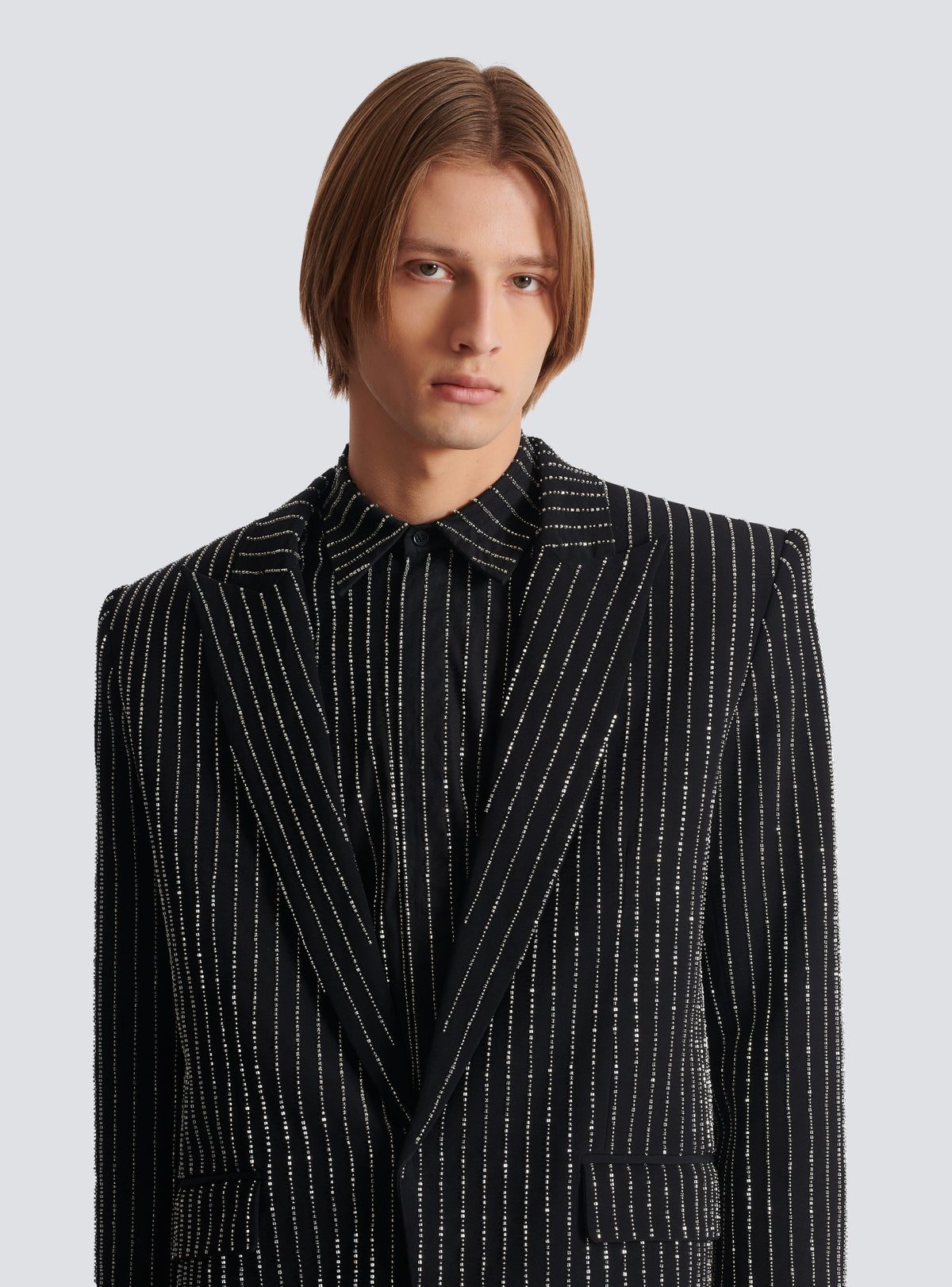 Veste 1 bouton en laine à rayures avec crystal - Noir & Cristal