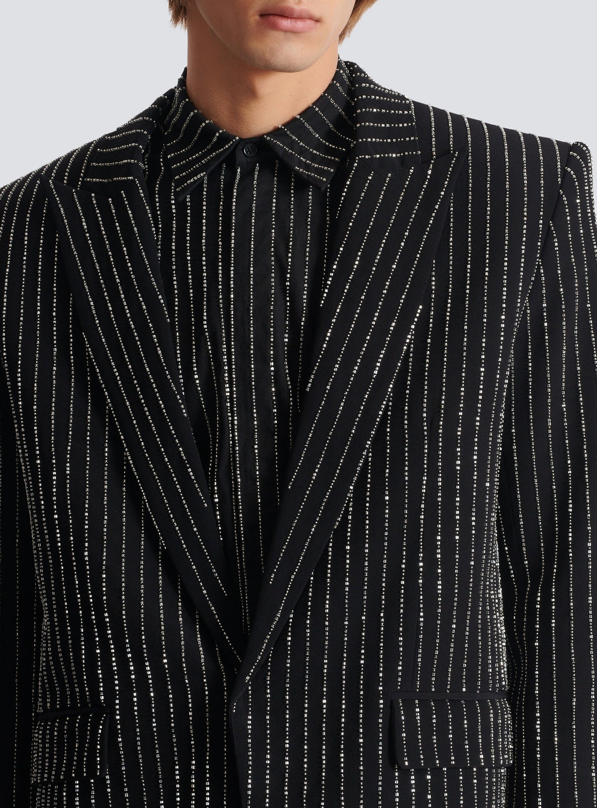 Veste 1 bouton en laine à rayures avec crystal - Noir & Cristal