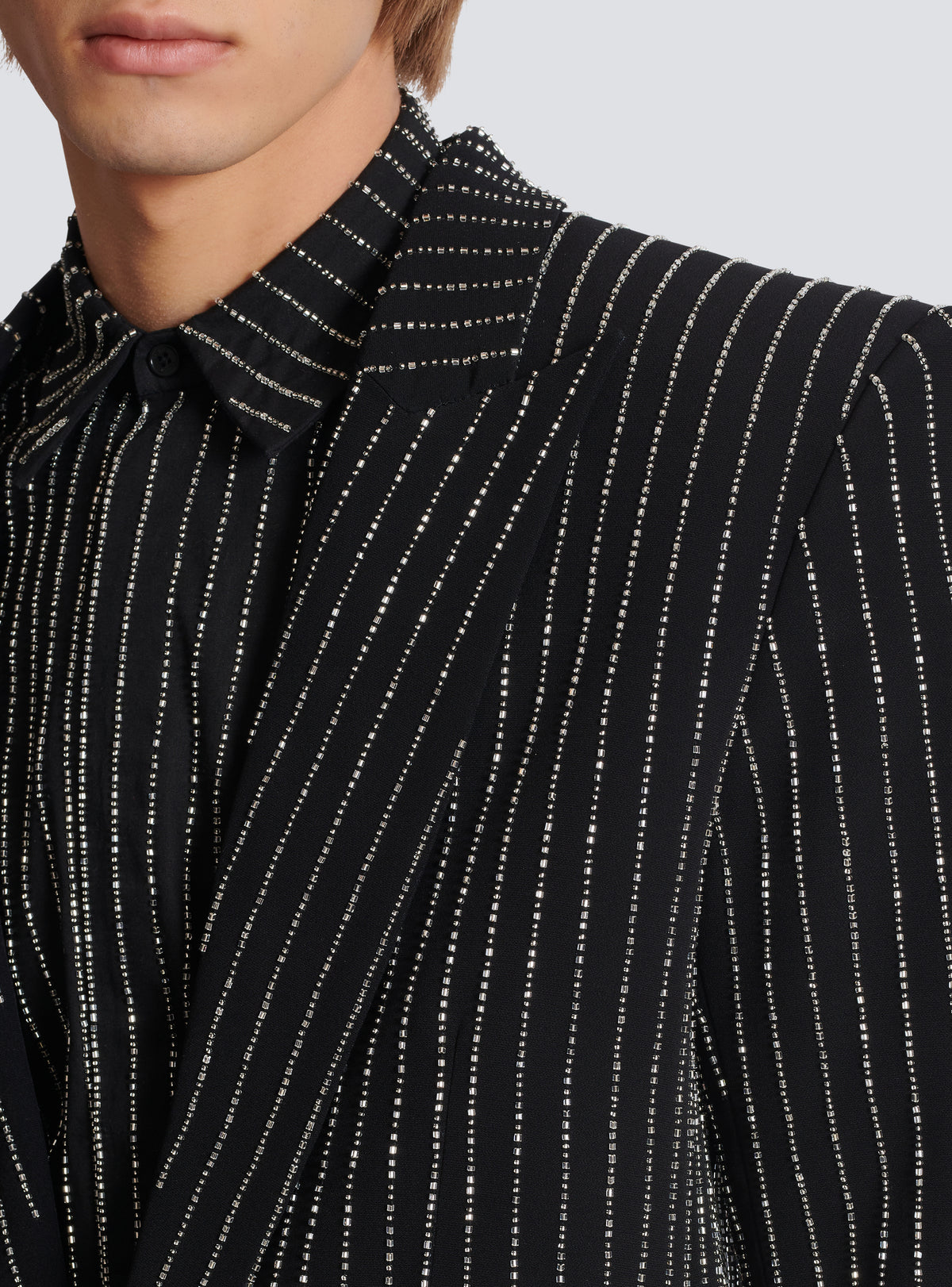 Veste 1 bouton en laine à rayures avec crystal - Noir & Cristal