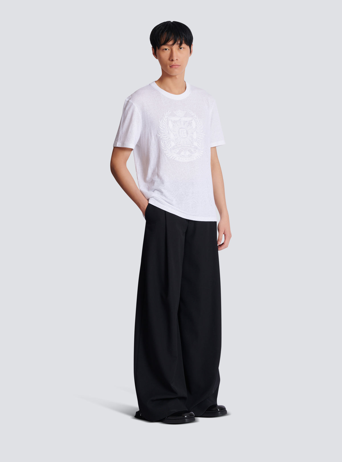 T-shirt en lin brodé balmain écusson - Blanc