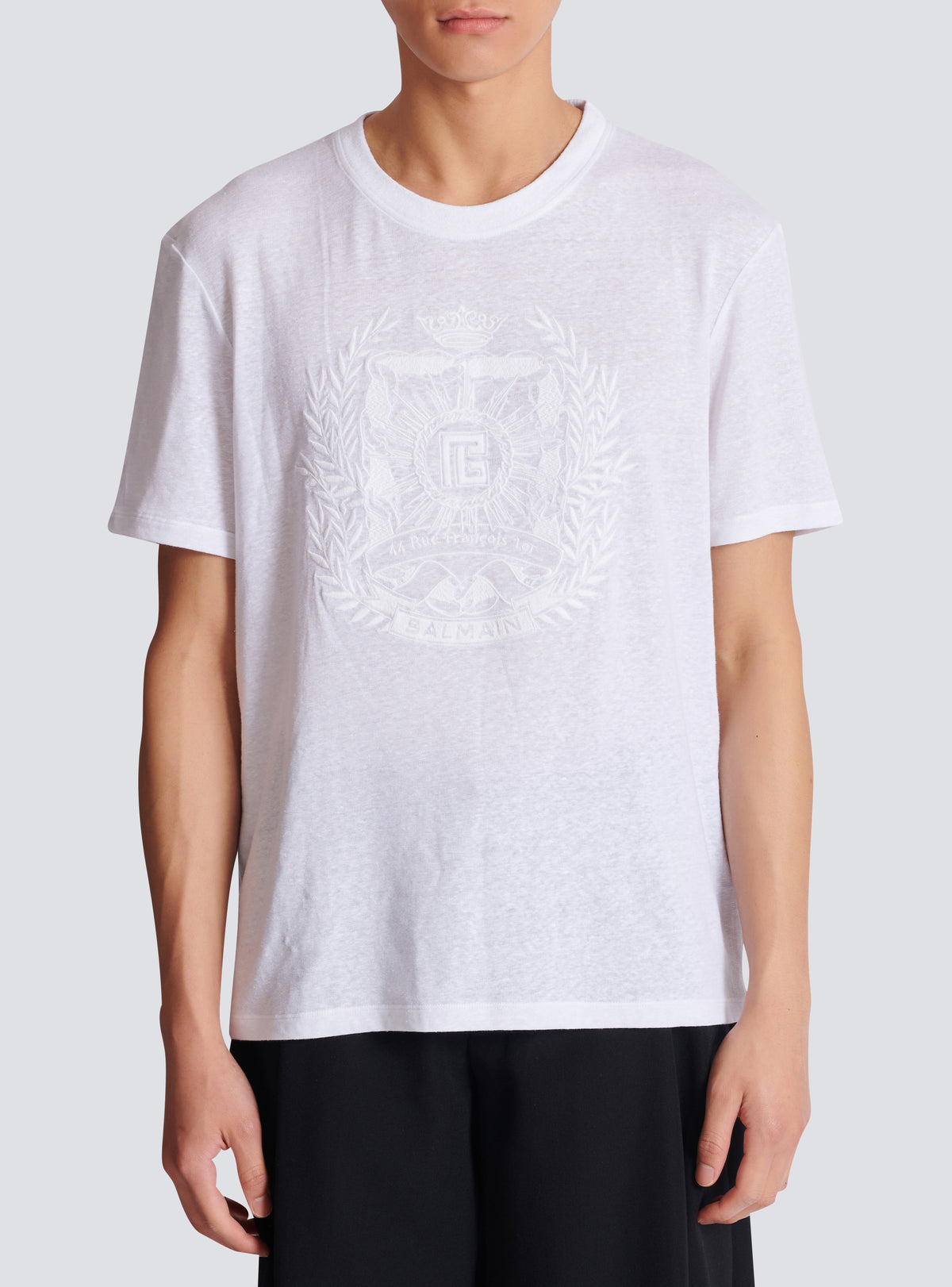 T-shirt en lin brodé balmain écusson - Blanc