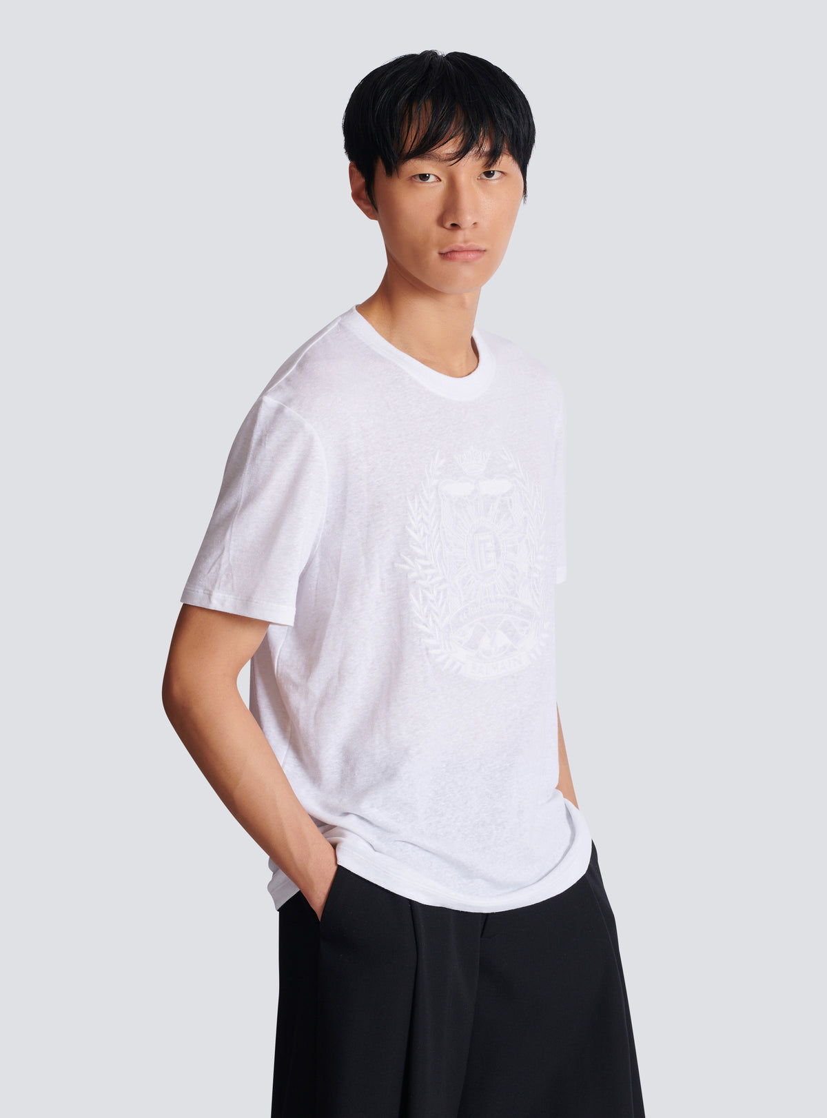 T-shirt en lin brodé balmain écusson - Blanc