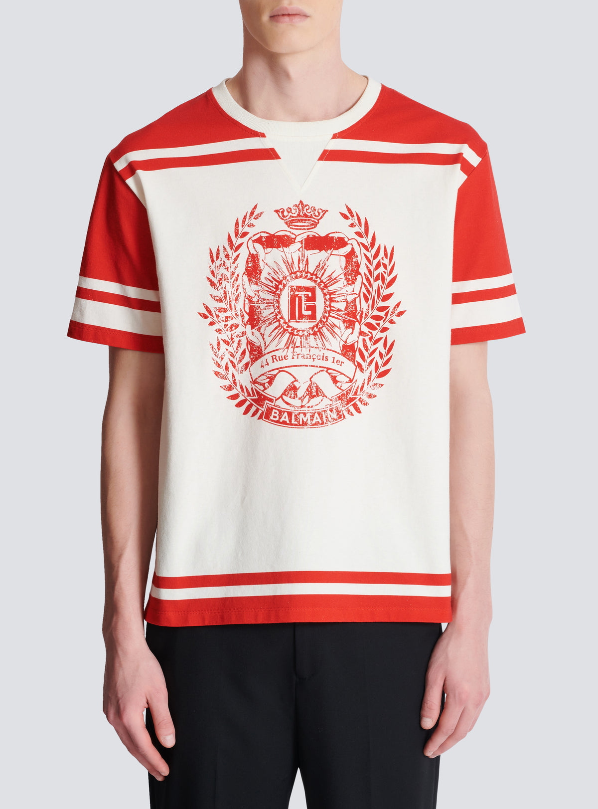 T-shirt varsity imprimé balmain écusson - Creme & Rouge