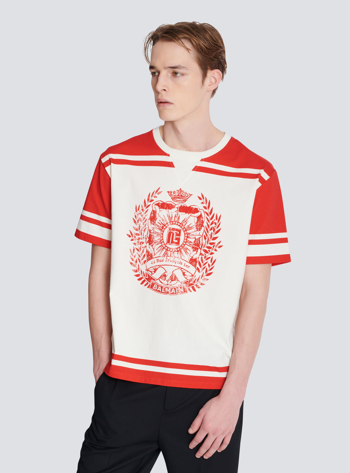 T-shirt varsity imprimé balmain écusson - Creme & Rouge