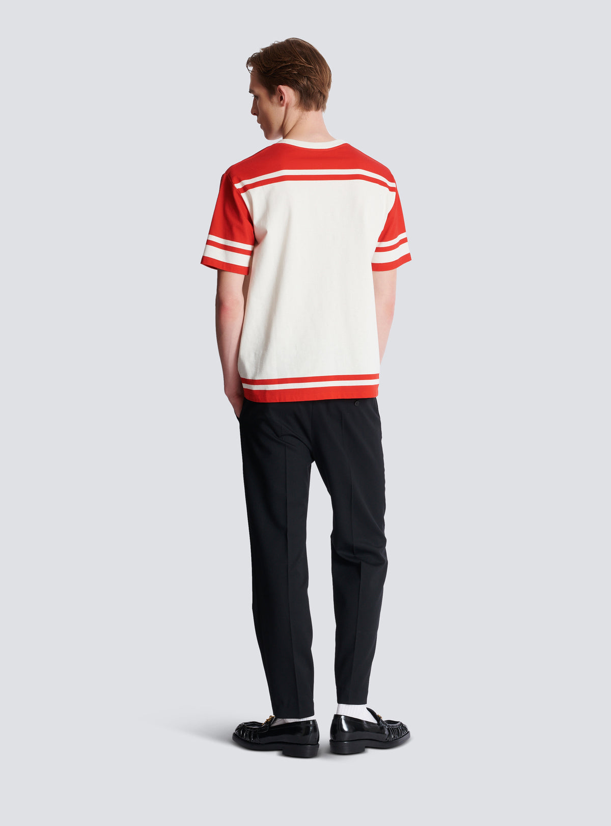 T-shirt varsity imprimé balmain écusson - Creme & Rouge