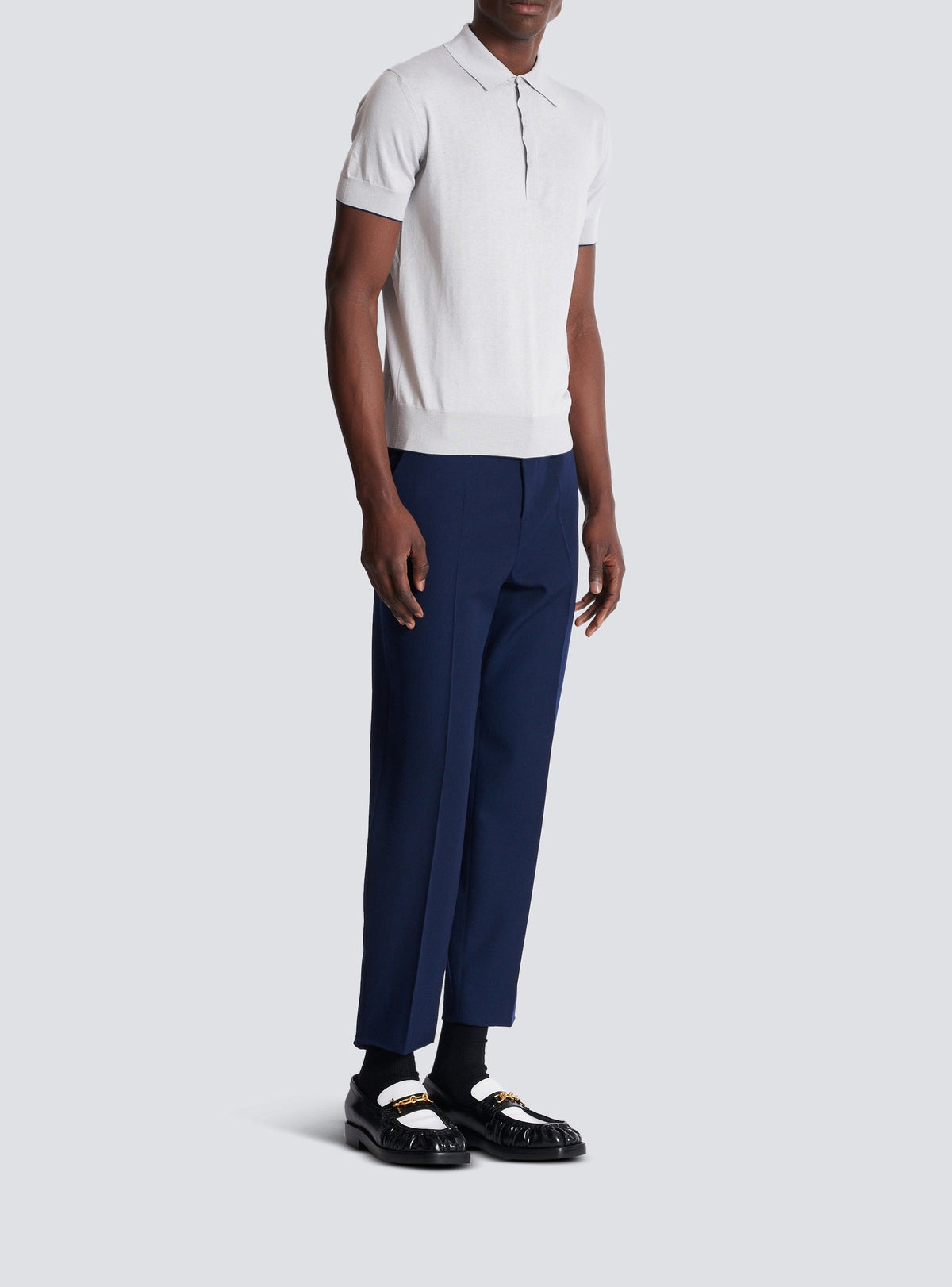 Polo tricoté en soie - Gris & Marine