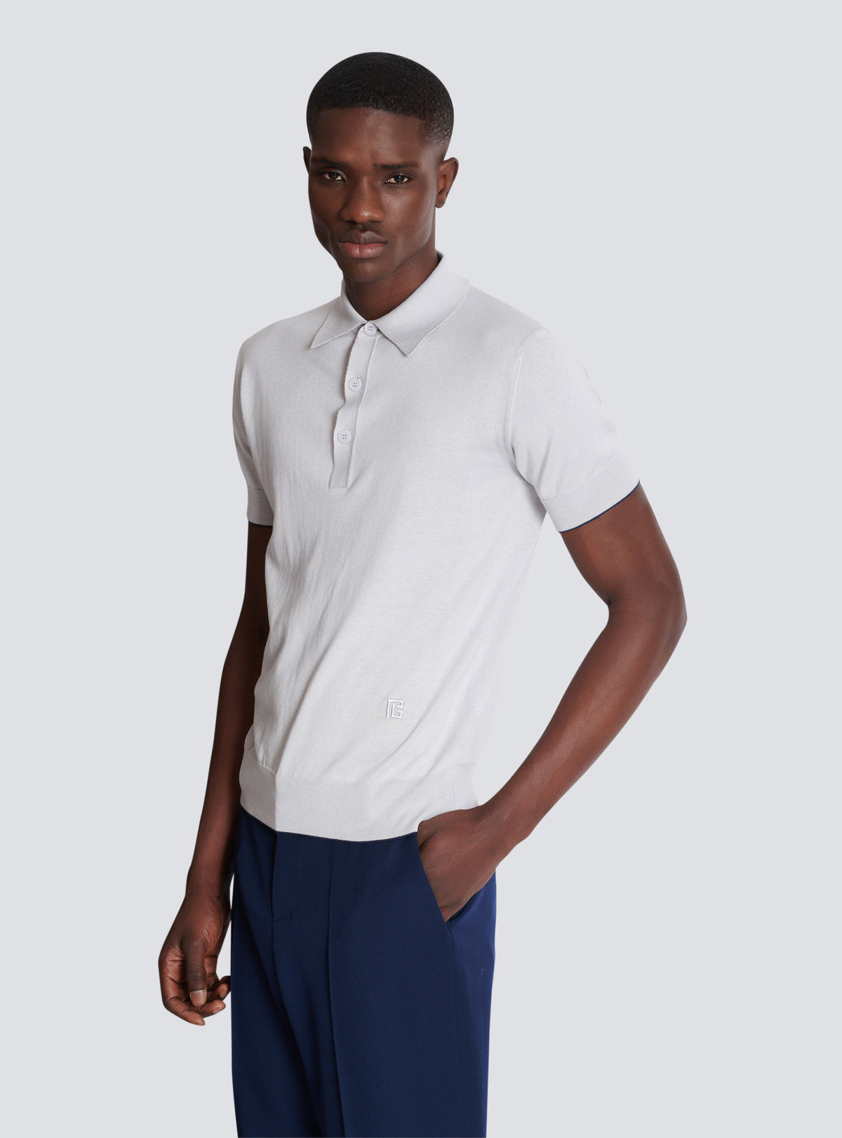 Polo tricoté en coton et soie - Gris & Marine