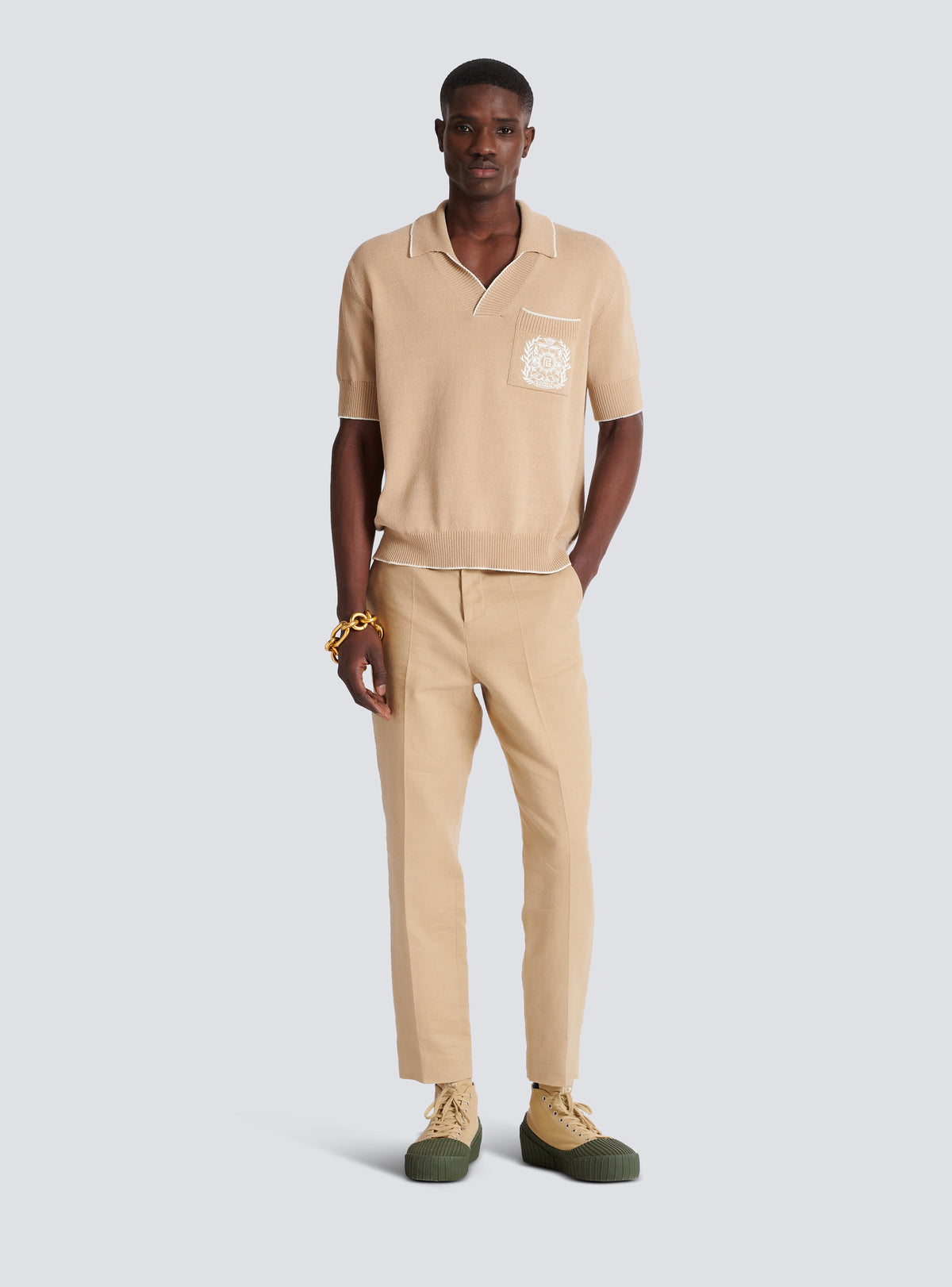 Polo brodé balmain écusson en maille - Beige & Naturel
