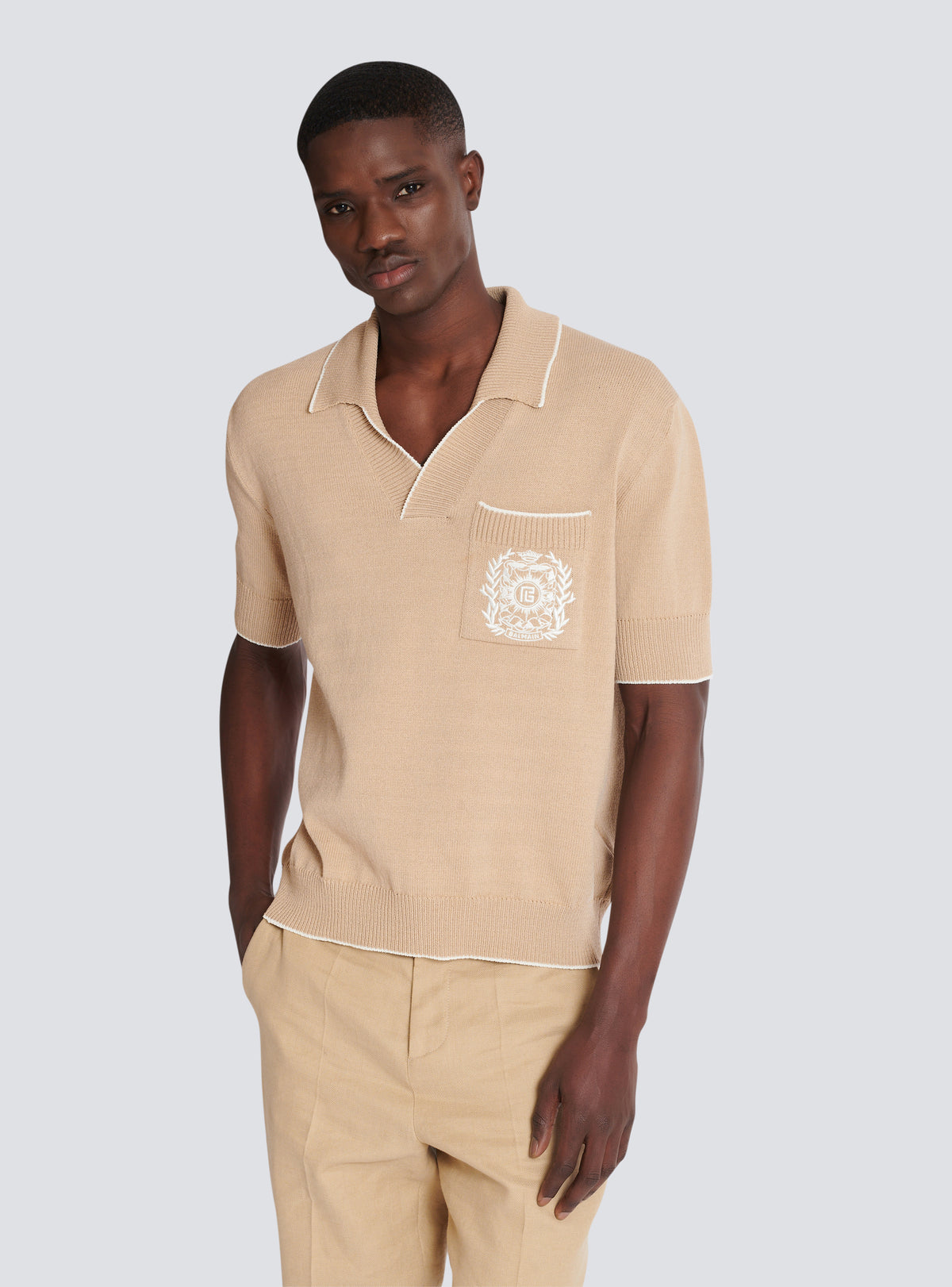 Polo brodé balmain écusson en maille - Beige & Naturel
