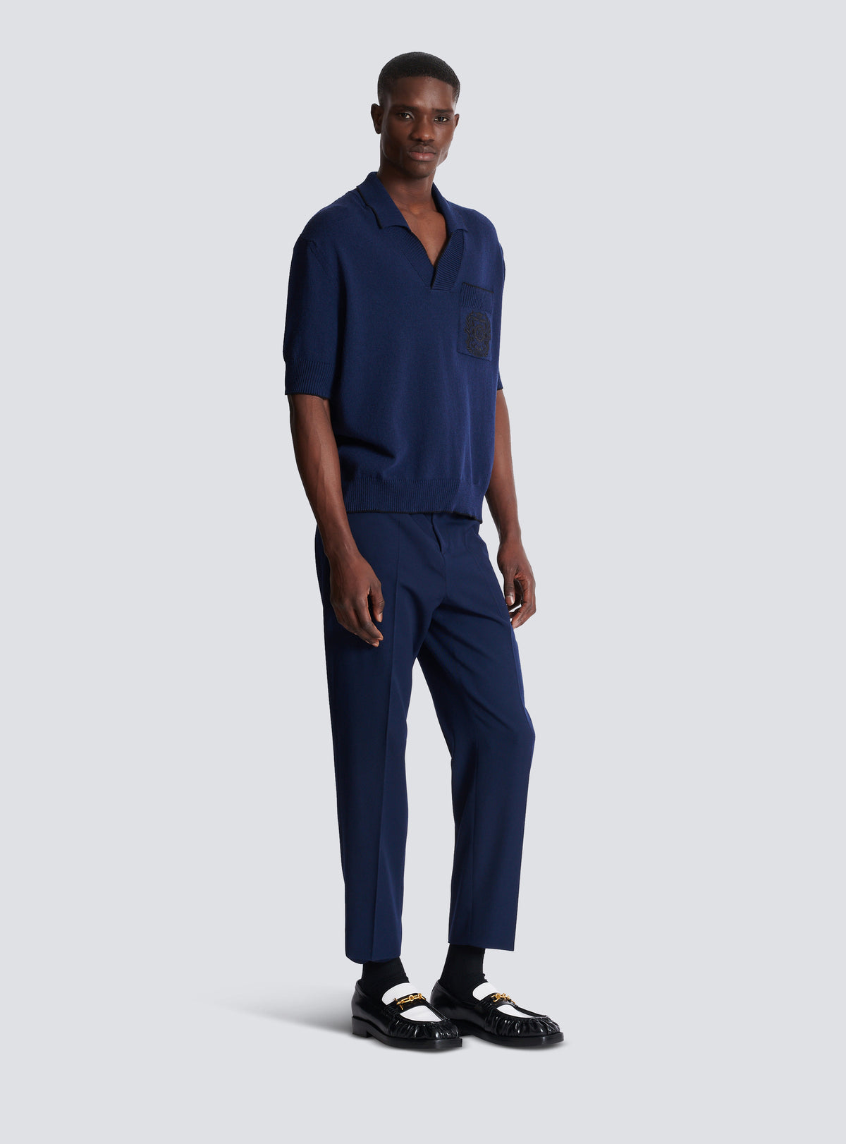 Polo brodé balmain écusson en maille - Bleu Marine & Noir