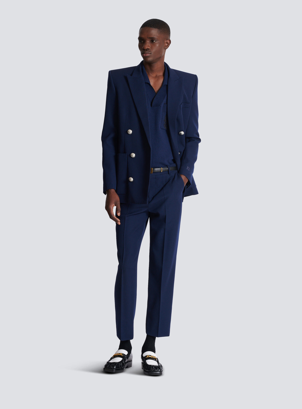 Polo brodé balmain écusson en maille - Bleu Marine & Noir