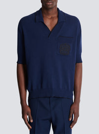 Polo brodé balmain écusson en maille - Bleu Marine & Noir