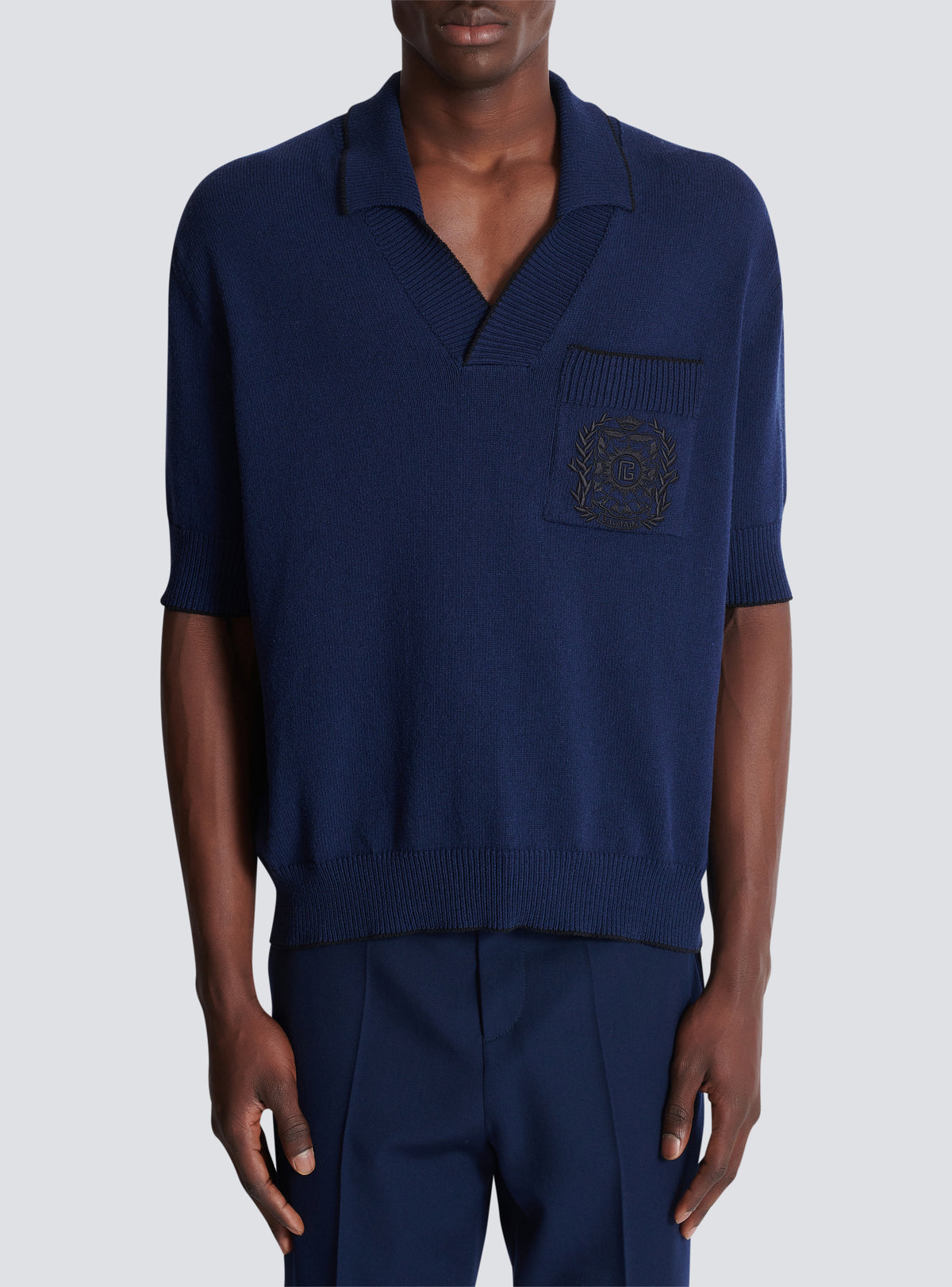 Polo brodé balmain écusson en maille - Bleu Marine & Noir