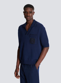Polo brodé balmain écusson en maille - Bleu Marine & Noir