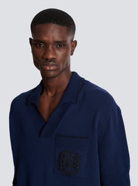 Polo brodé balmain écusson en maille - Bleu Marine & Noir