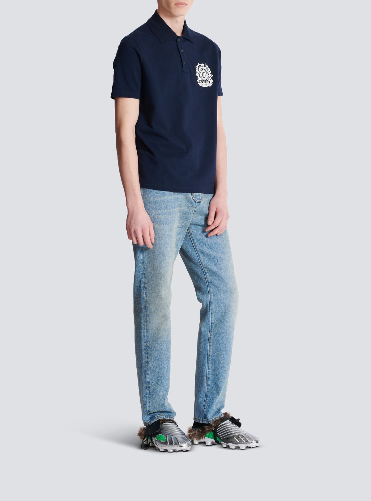 Printed cotton polo shirt - Navy & White